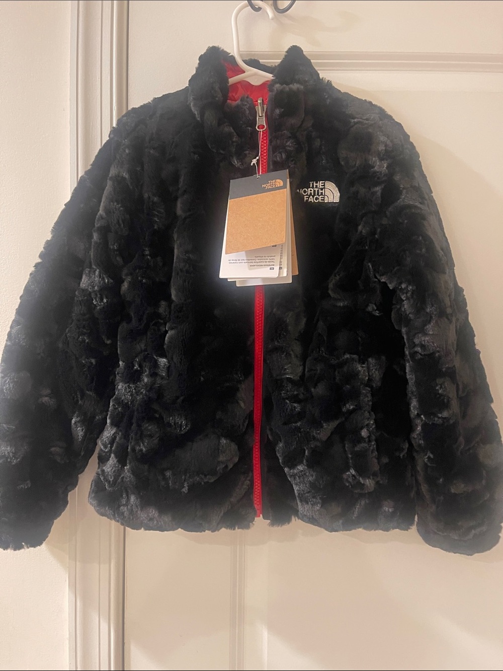 The North Face Black Faux Fur Jacket with Red Zipper